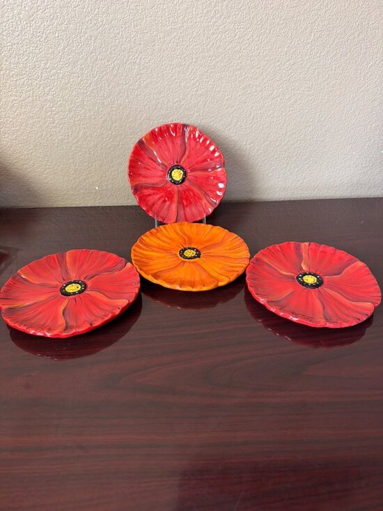Clay Art Other - Set of 4 Clay Art Poppies Figural Appetizer Plates Red Orange Floral Ceramic 6"